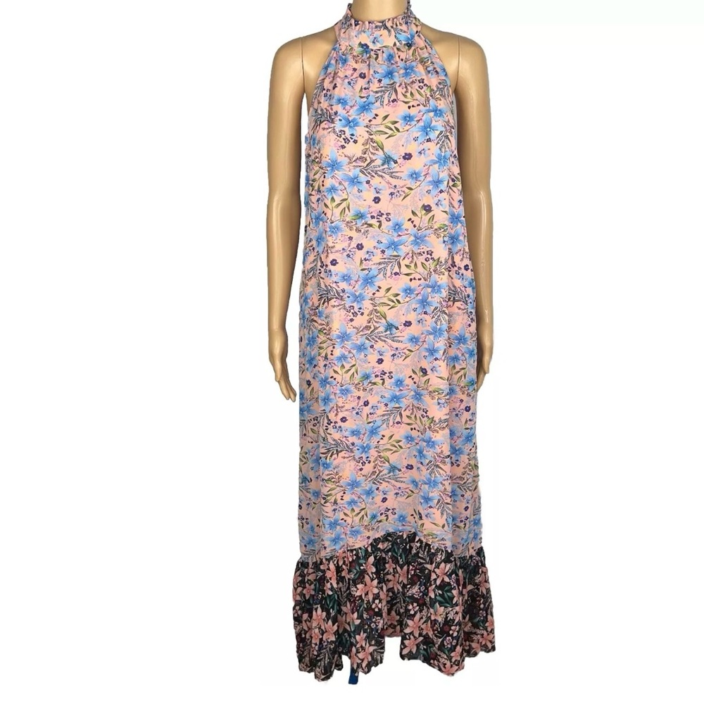 Code x Mode Floral Maxi Dress Ruffle Hem Prairie High Neck Sleeveless